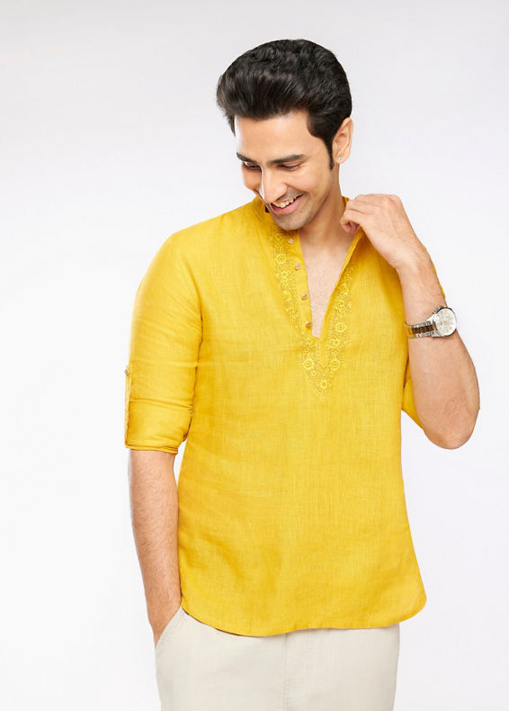 Manyavar Men Mustard Yellow Embroidered Neckline Short Kurta