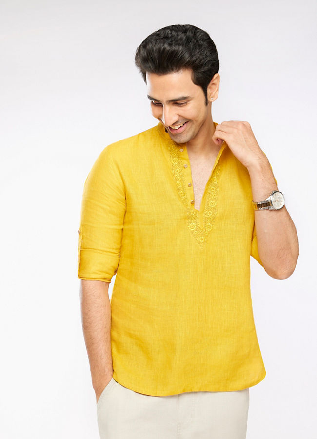 alt message - Manyavar Men Mustard Yellow Embroidered Neckline Short Kurta image number 0