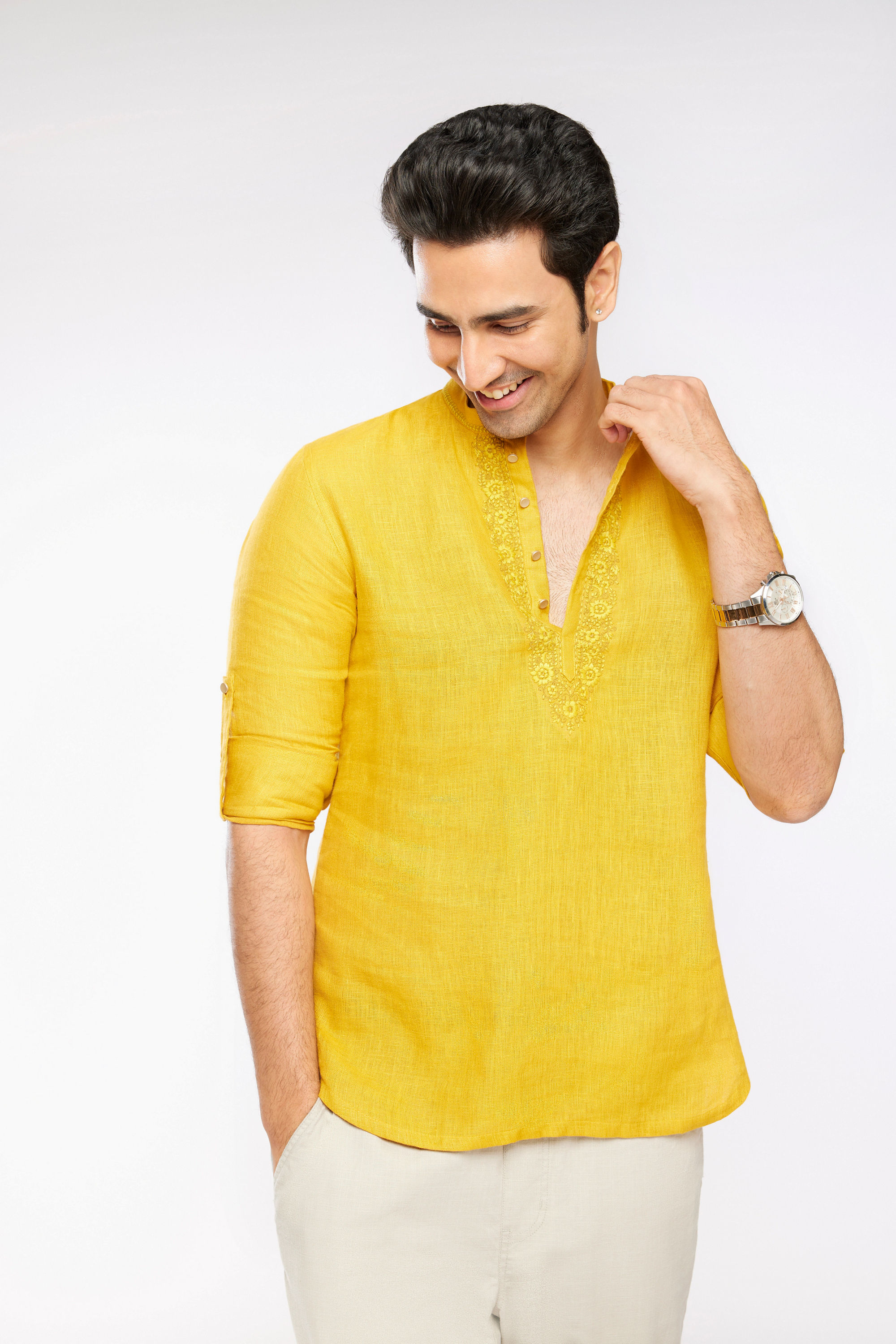 Manyavar Men Mustard Yellow Embroidered Neckline Short Kurta