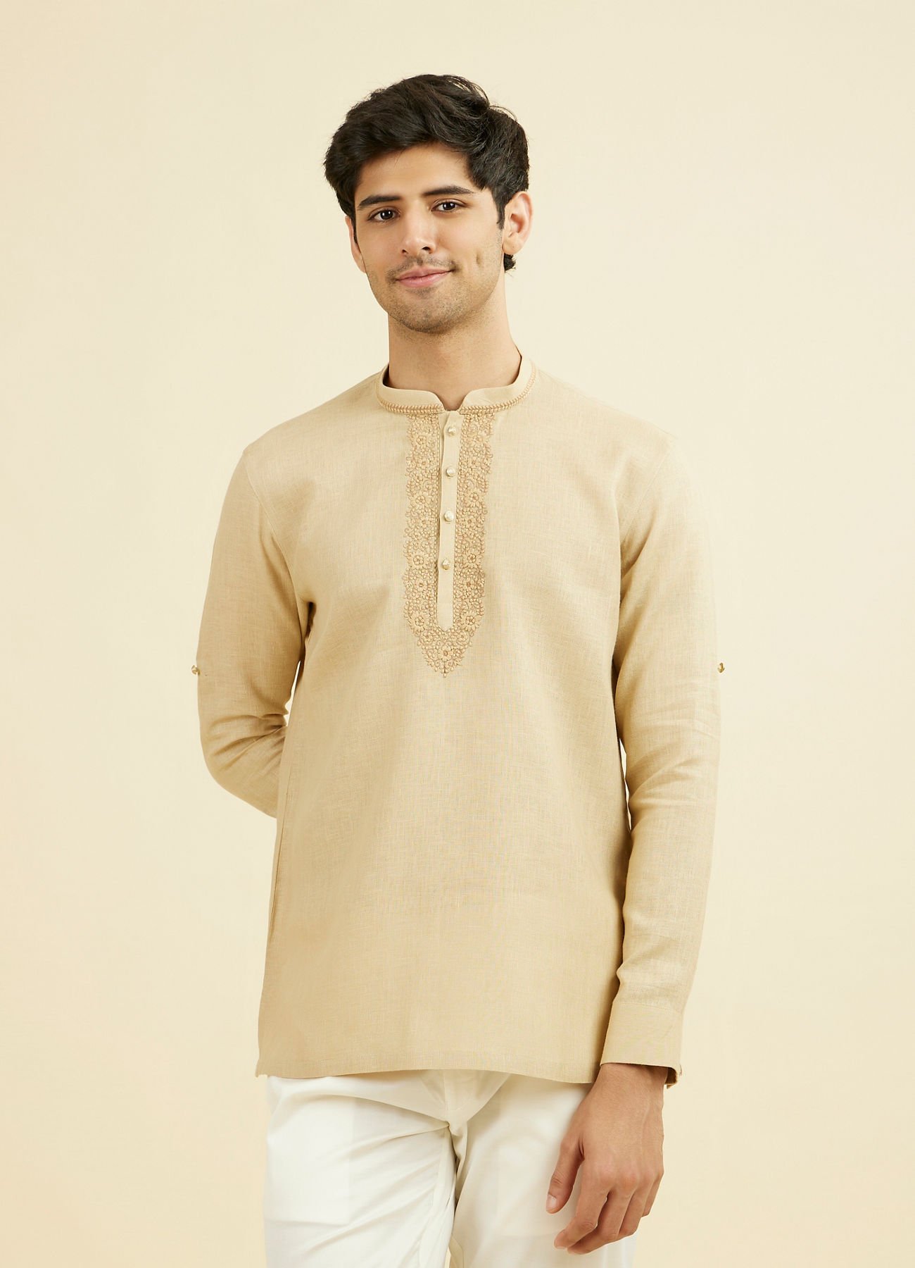Manyavar Men Fawn Linen Festive Short Kurta
