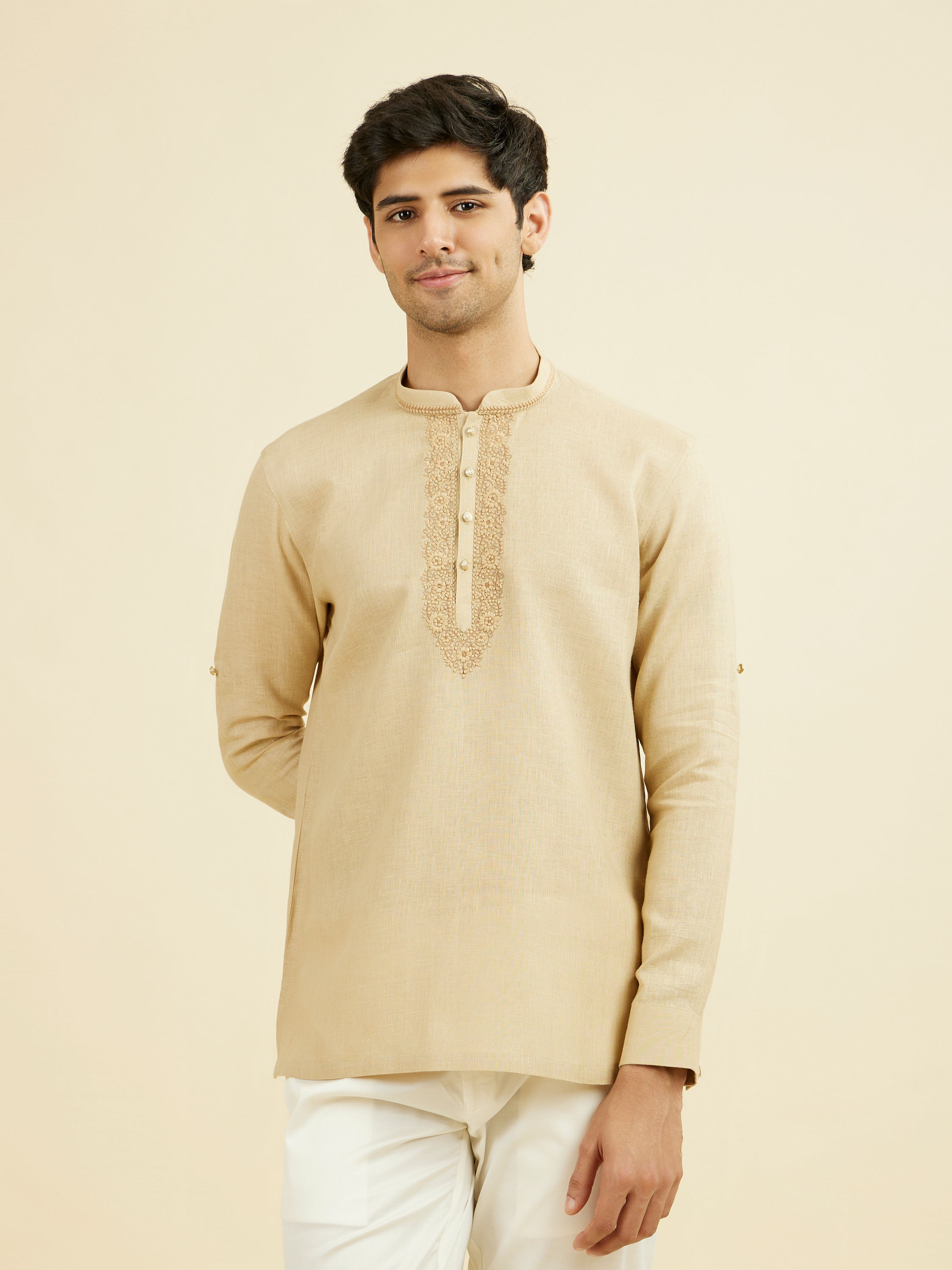 Manyavar Men Fawn Linen Festive Short Kurta