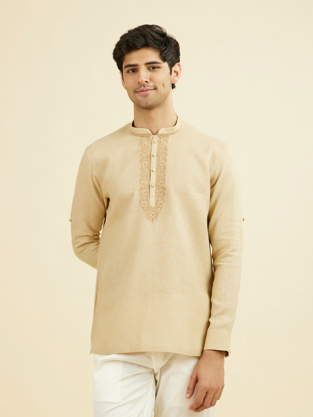 Manyavar Men Fawn Linen Festive Short Kurta