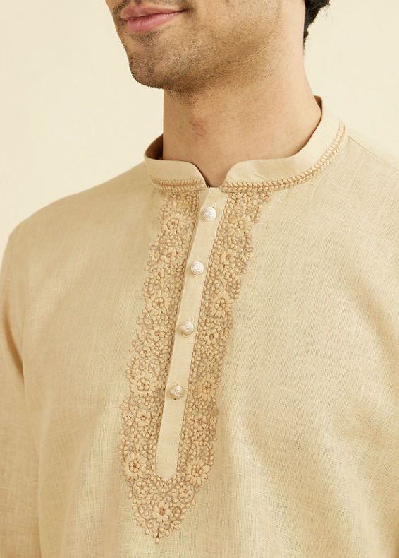 Manyavar Men Fawn Linen Festive Short Kurta