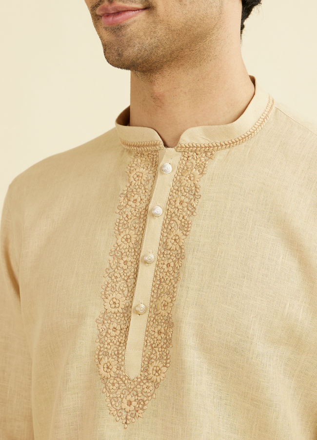 Manyavar Men Fawn Linen Festive Short Kurta