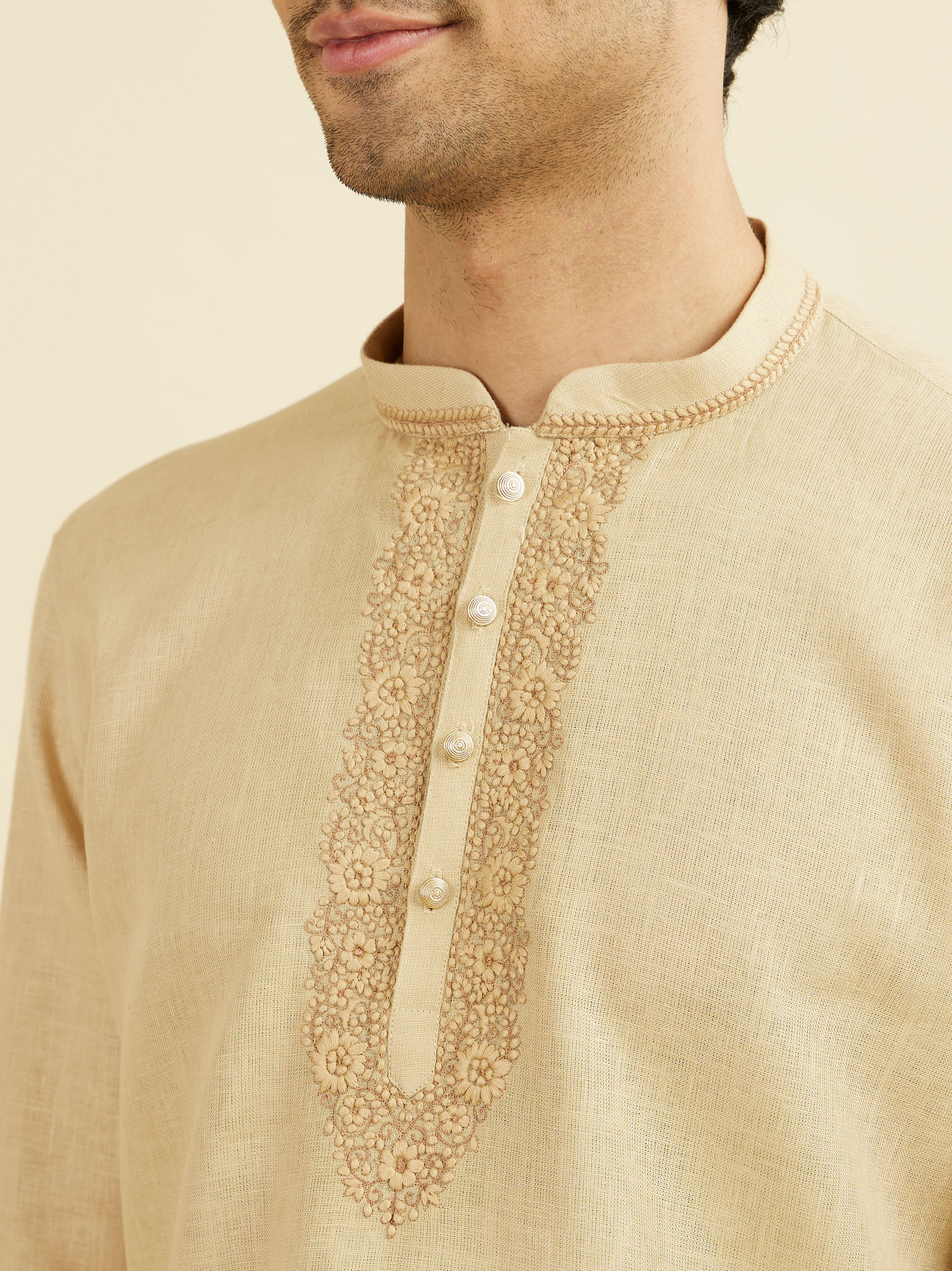 Manyavar Men Fawn Linen Festive Short Kurta