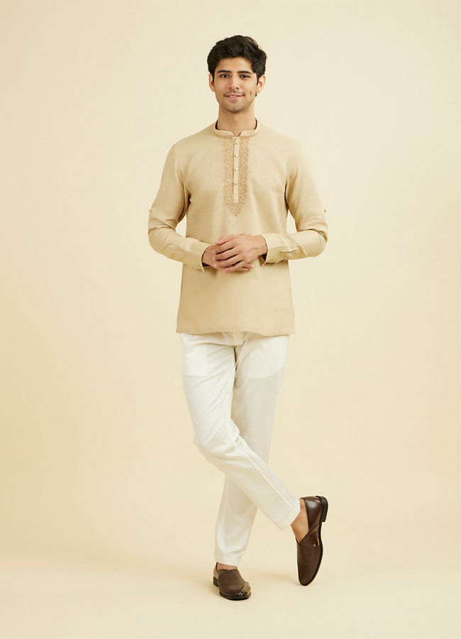 Manyavar Men Fawn Linen Festive Short Kurta