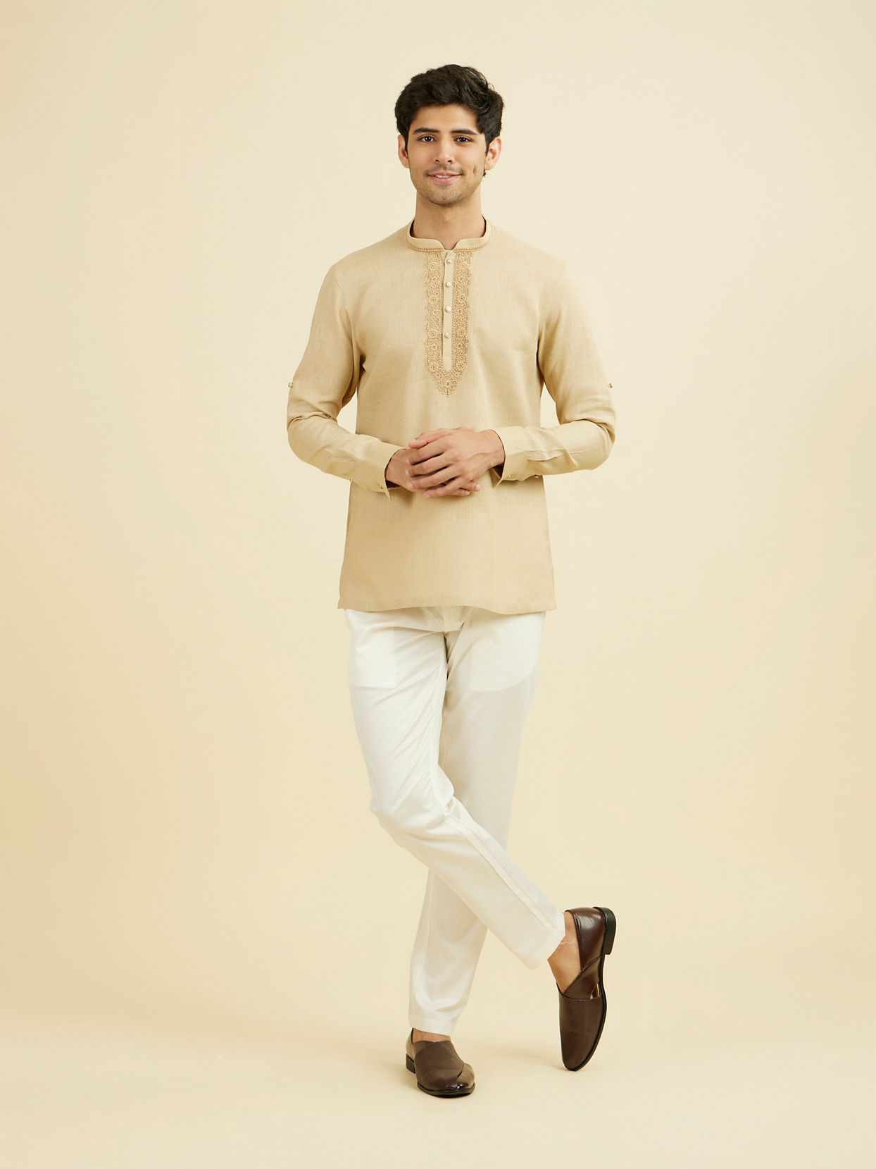 Manyavar Men Fawn Linen Festive Short Kurta