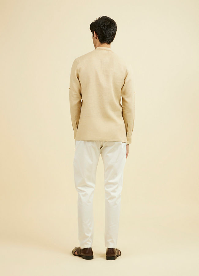 Manyavar Men Fawn Linen Festive Short Kurta