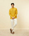 Manyavar Men Mustard Yellow Embroidered Neckline Short Kurta