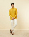 alt message - Manyavar Men Mustard Yellow Embroidered Neckline Short Kurta image number 3