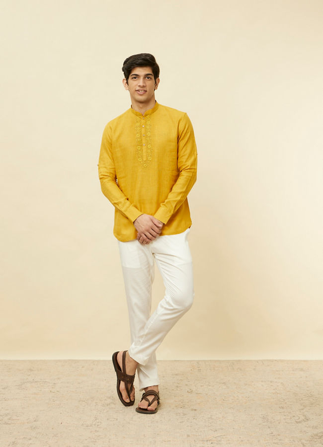 alt message - Manyavar Men Mustard Yellow Embroidered Neckline Short Kurta image number 3