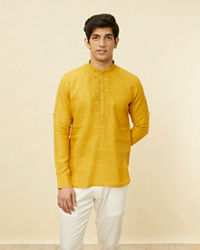 Manyavar Men Mustard Yellow Embroidered Neckline Short Kurta