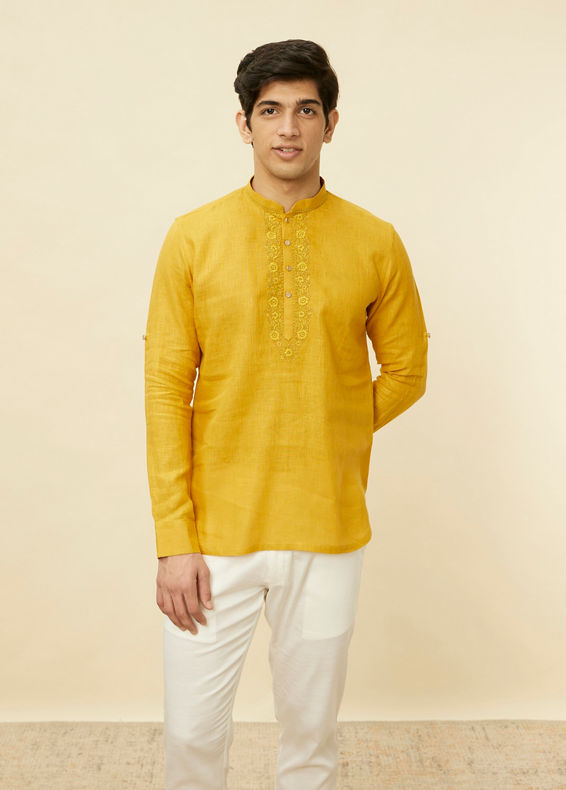 Manyavar Men Mustard Yellow Embroidered Neckline Short Kurta