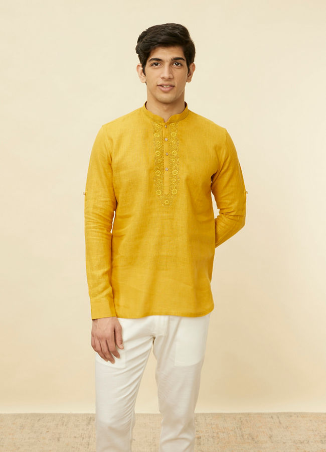 alt message - Manyavar Men Mustard Yellow Embroidered Neckline Short Kurta image number 1