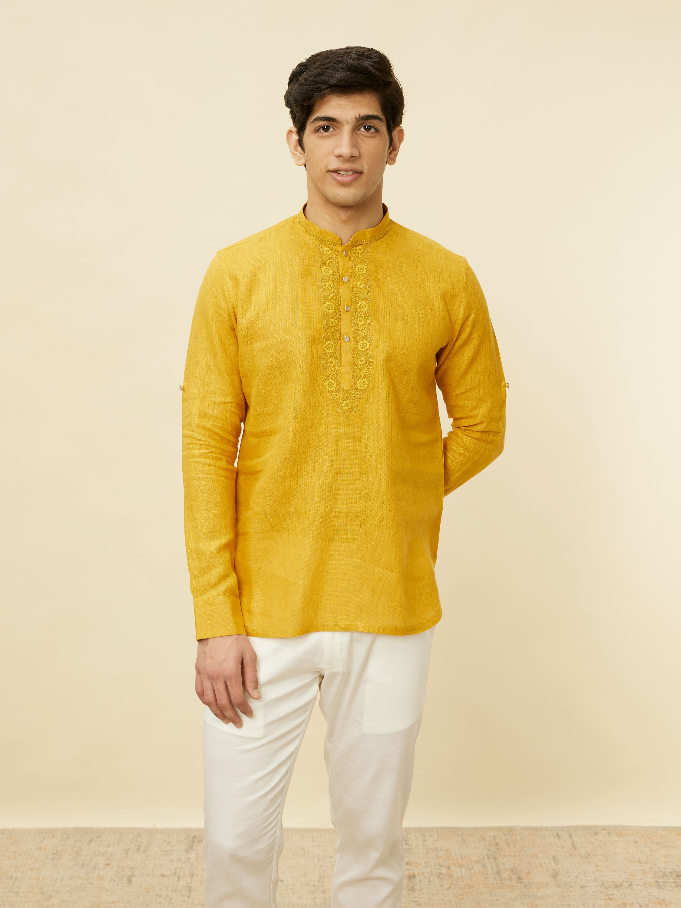 Manyavar Men Mustard Yellow Embroidered Neckline Short Kurta