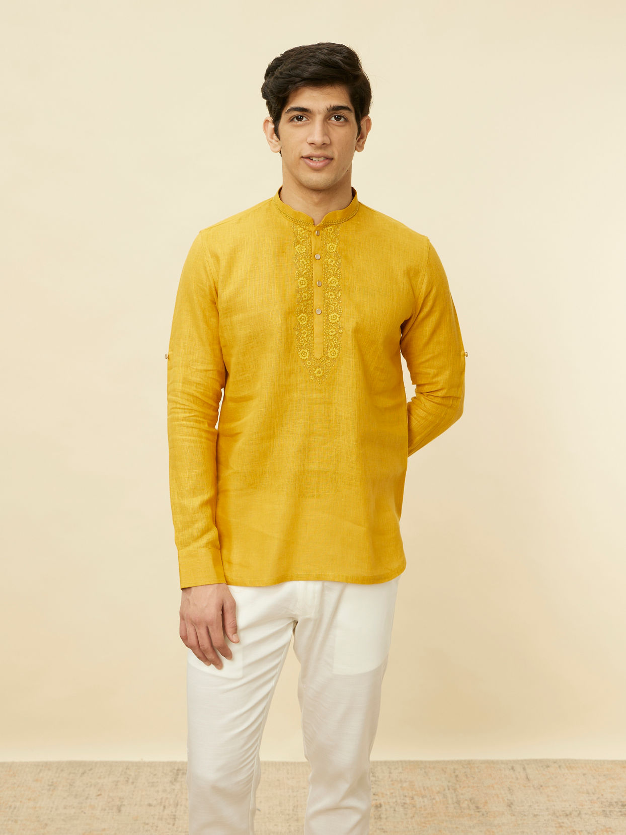 alt message - Manyavar Men Mustard Yellow Embroidered Neckline Short Kurta image number 1