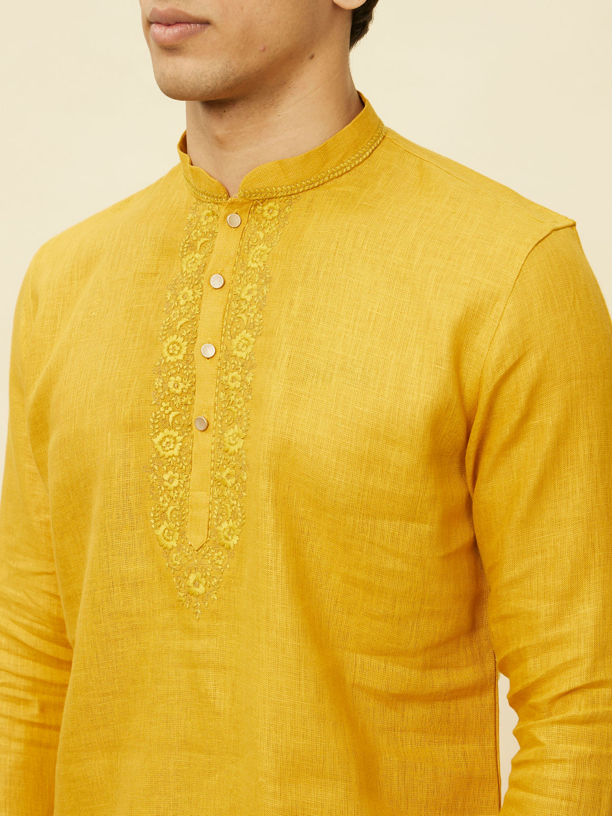 alt message - Manyavar Men Mustard Yellow Embroidered Neckline Short Kurta image number 2