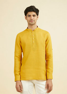 Manyavar Men Mustard Yellow Embroidered Neckline Short Kurta