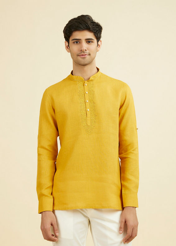 Manyavar Men Mustard Yellow Embroidered Neckline Short Kurta