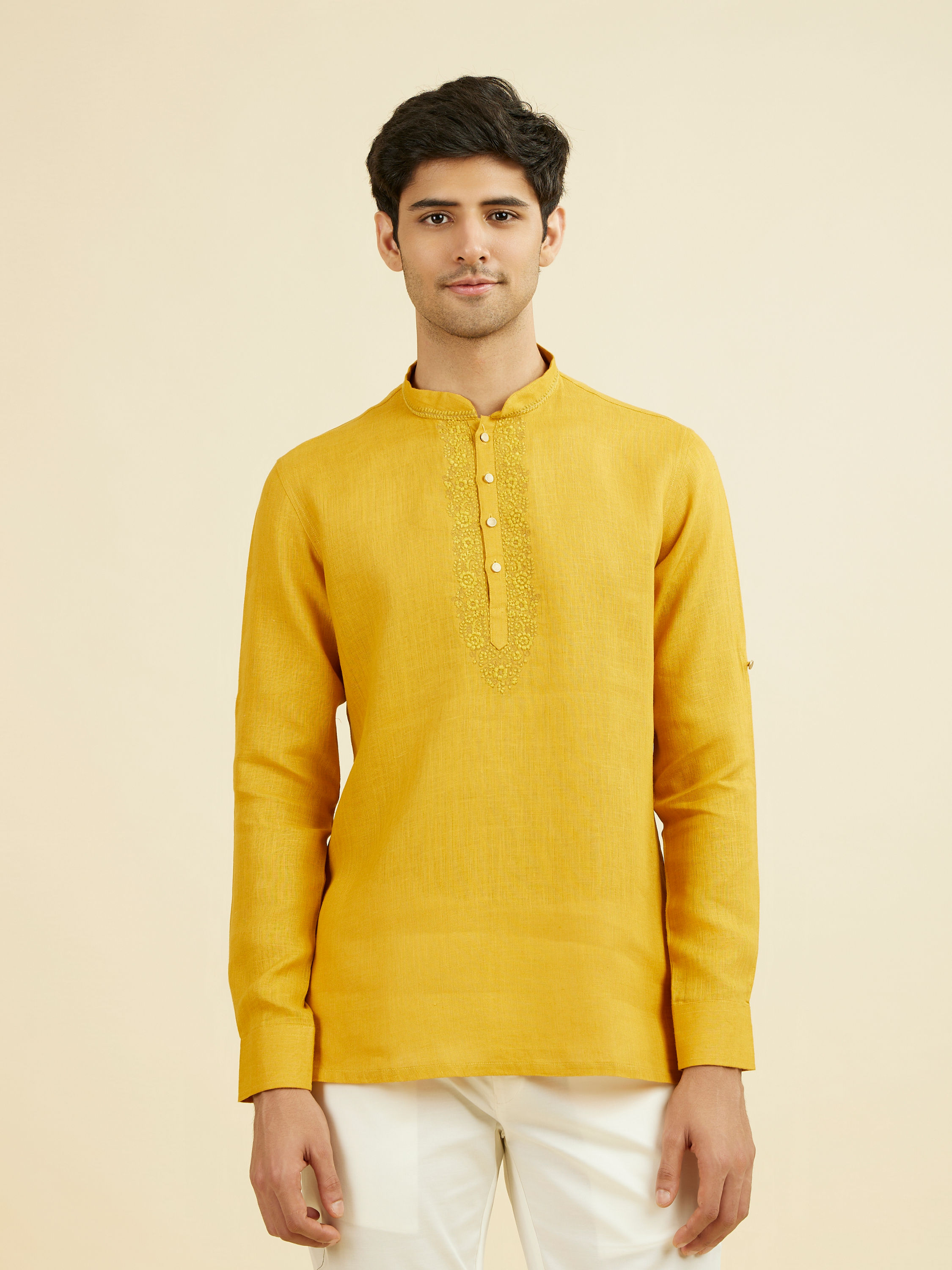 Manyavar Men Mustard Yellow Embroidered Neckline Short Kurta
