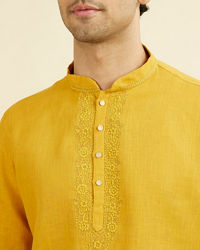 Manyavar Men Mustard Yellow Embroidered Neckline Short Kurta