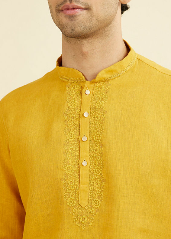 Manyavar Men Mustard Yellow Embroidered Neckline Short Kurta