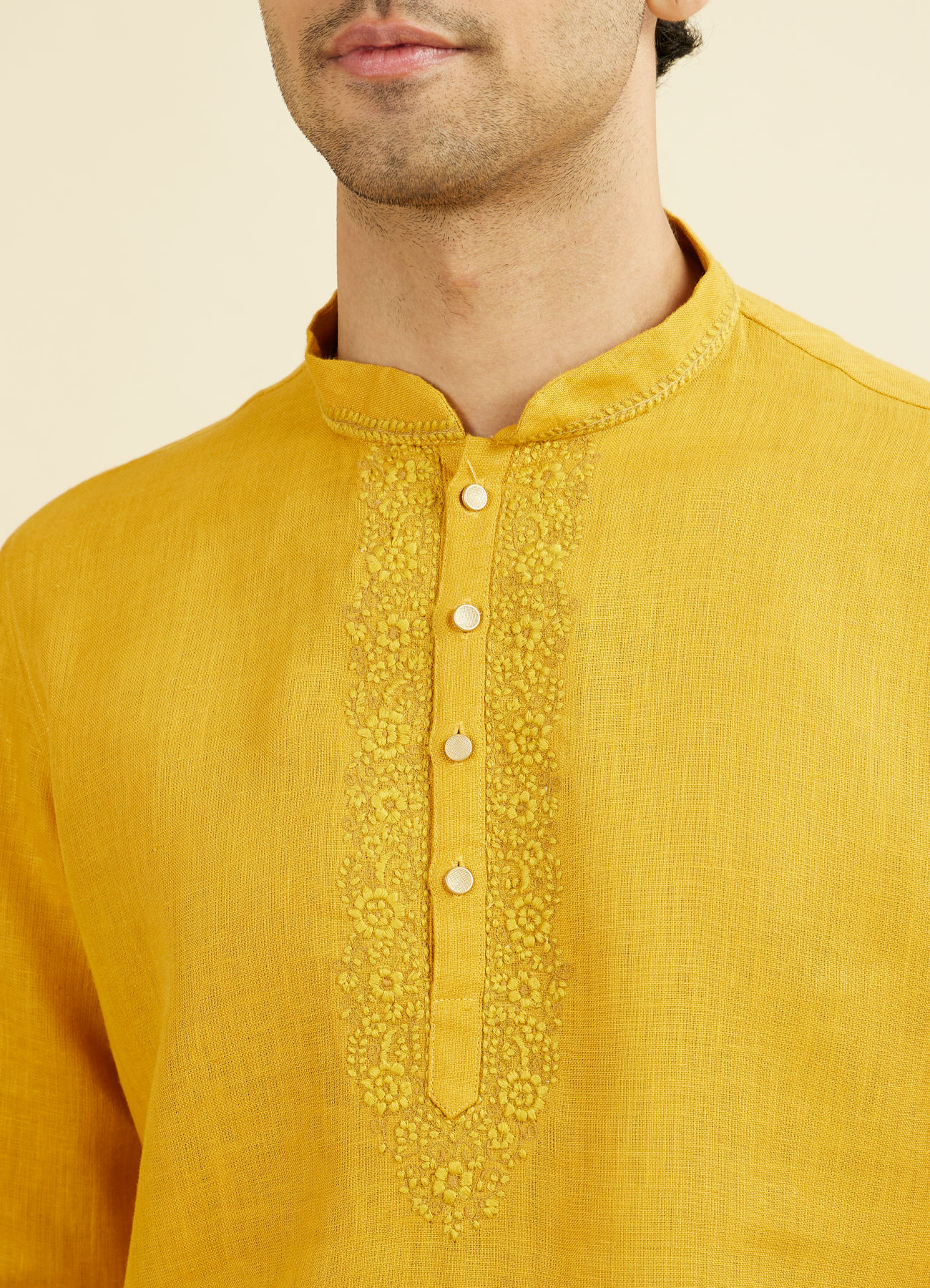 Manyavar Men Mustard Yellow Embroidered Neckline Short Kurta