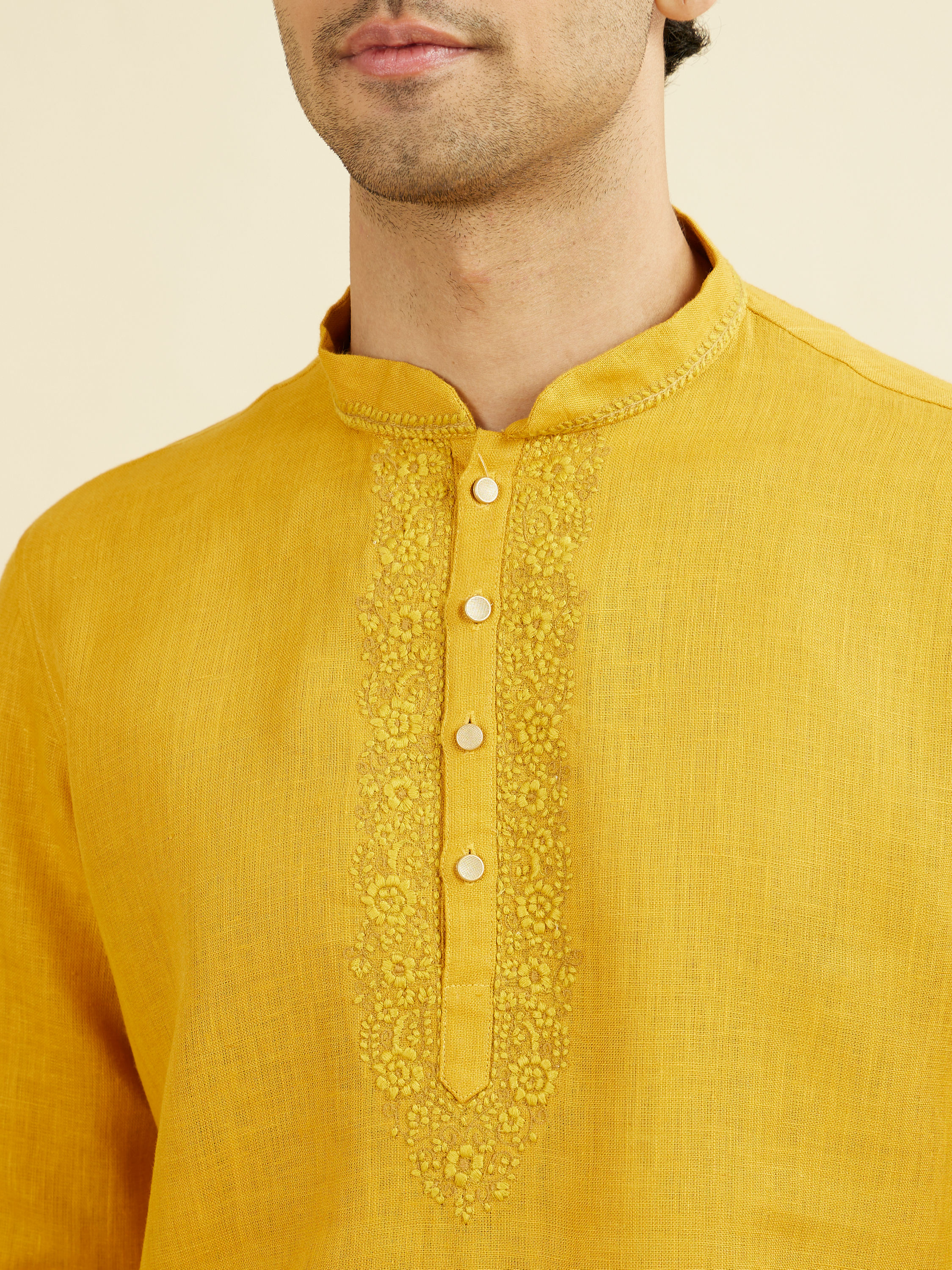 Manyavar Men Mustard Yellow Embroidered Neckline Short Kurta