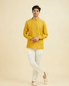 Manyavar Men Mustard Yellow Embroidered Neckline Short Kurta