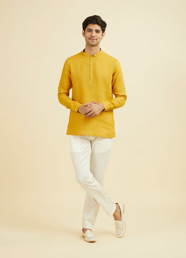 Manyavar Men Mustard Yellow Embroidered Neckline Short Kurta