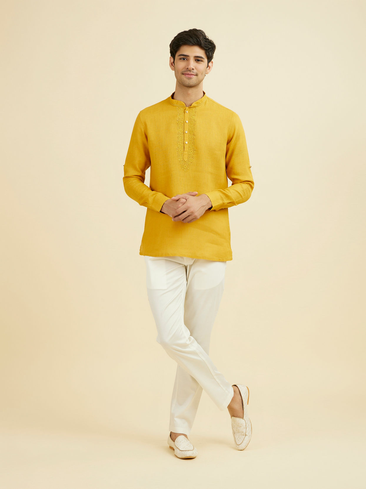 Manyavar Men Mustard Yellow Embroidered Neckline Short Kurta