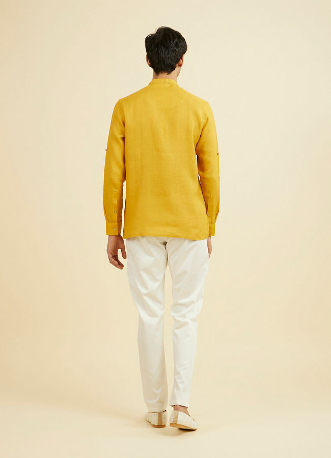 Manyavar Men Mustard Yellow Embroidered Neckline Short Kurta