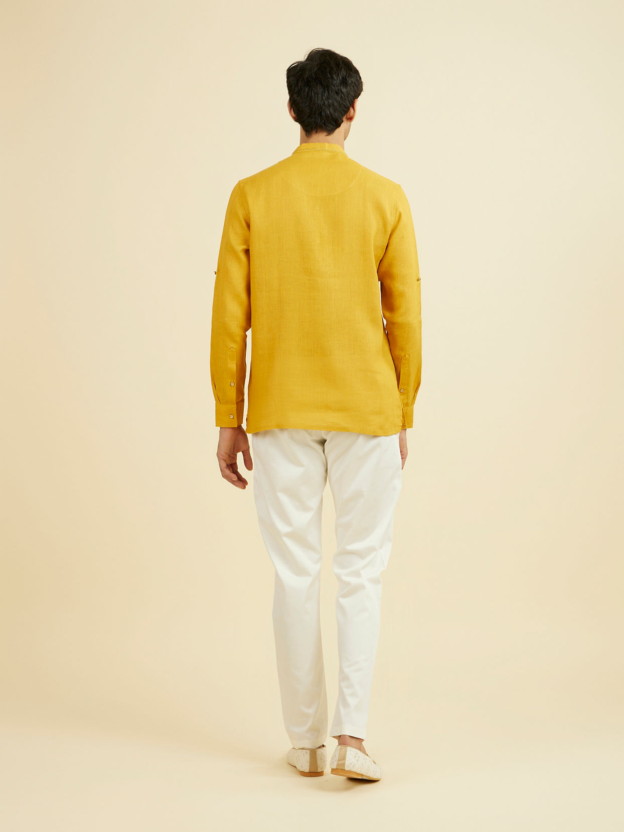 Manyavar Men Mustard Yellow Embroidered Neckline Short Kurta