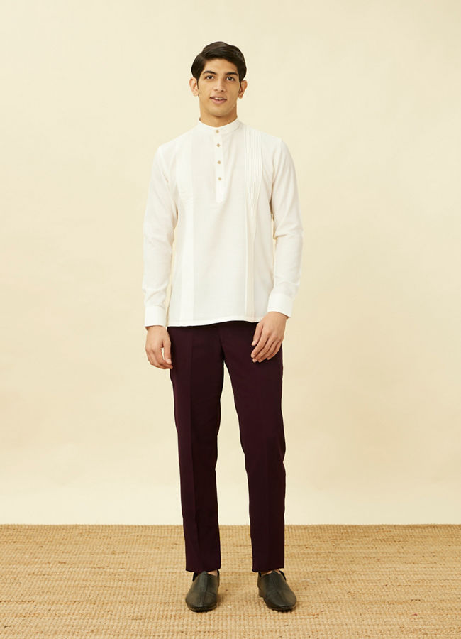 Manyavar Men Pearled Ivory Vertical Striped Short Kurta