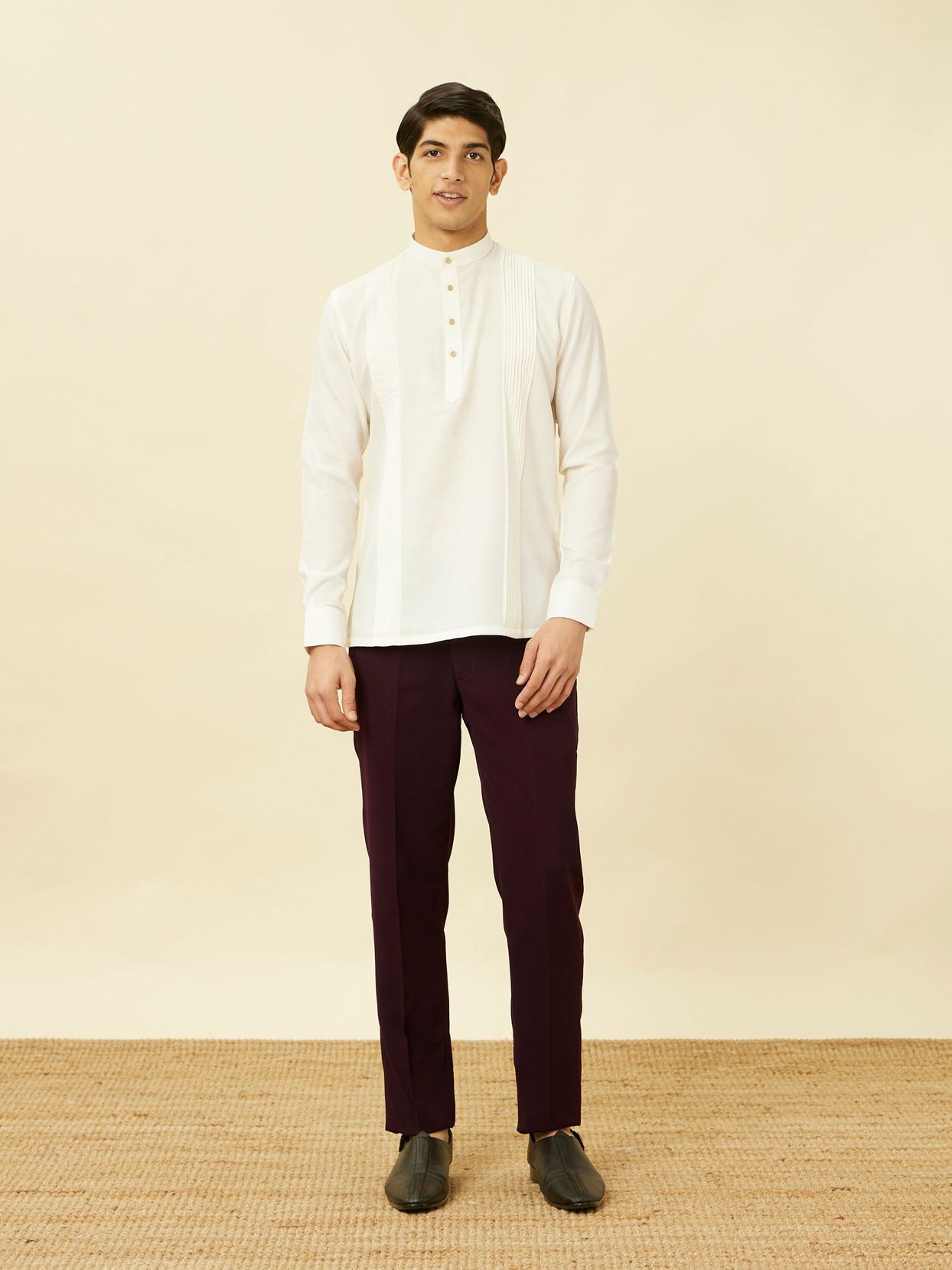 Manyavar Men Pearled Ivory Vertical Striped Short Kurta