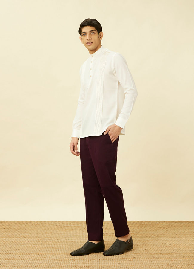 Manyavar Men Pearled Ivory Vertical Striped Short Kurta