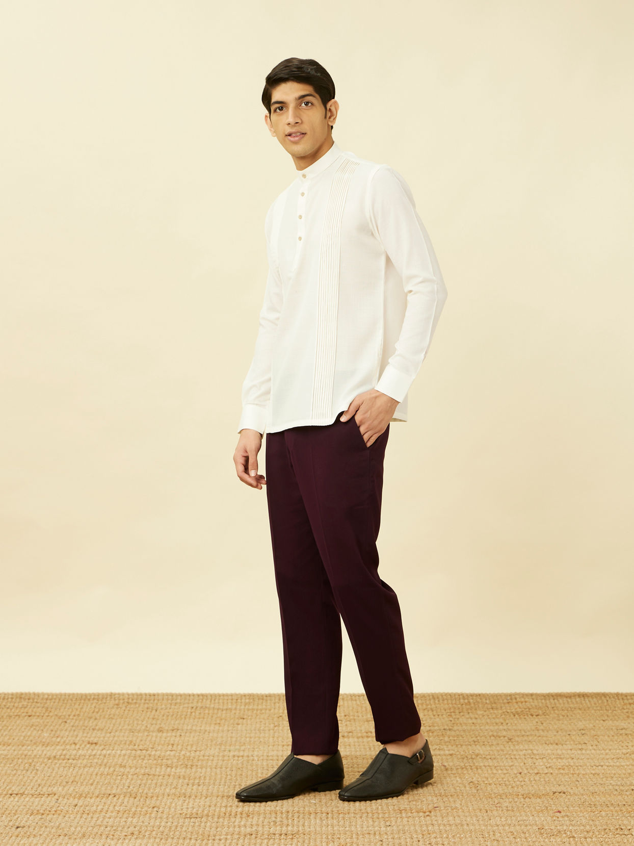 Manyavar Men Pearled Ivory Vertical Striped Short Kurta