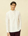 alt message - Manyavar Men Pearled Ivory Vertical Striped Short Kurta image number 0