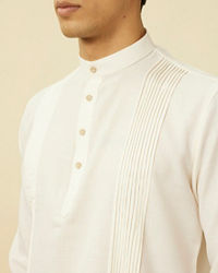 Manyavar Men Pearled Ivory Vertical Striped Short Kurta