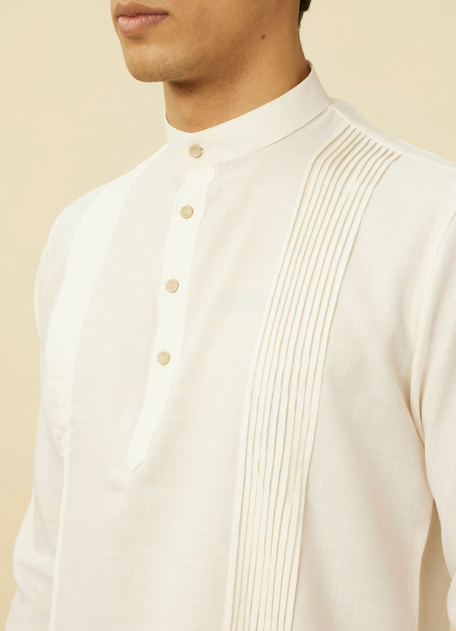 Manyavar Men Pearled Ivory Vertical Striped Short Kurta