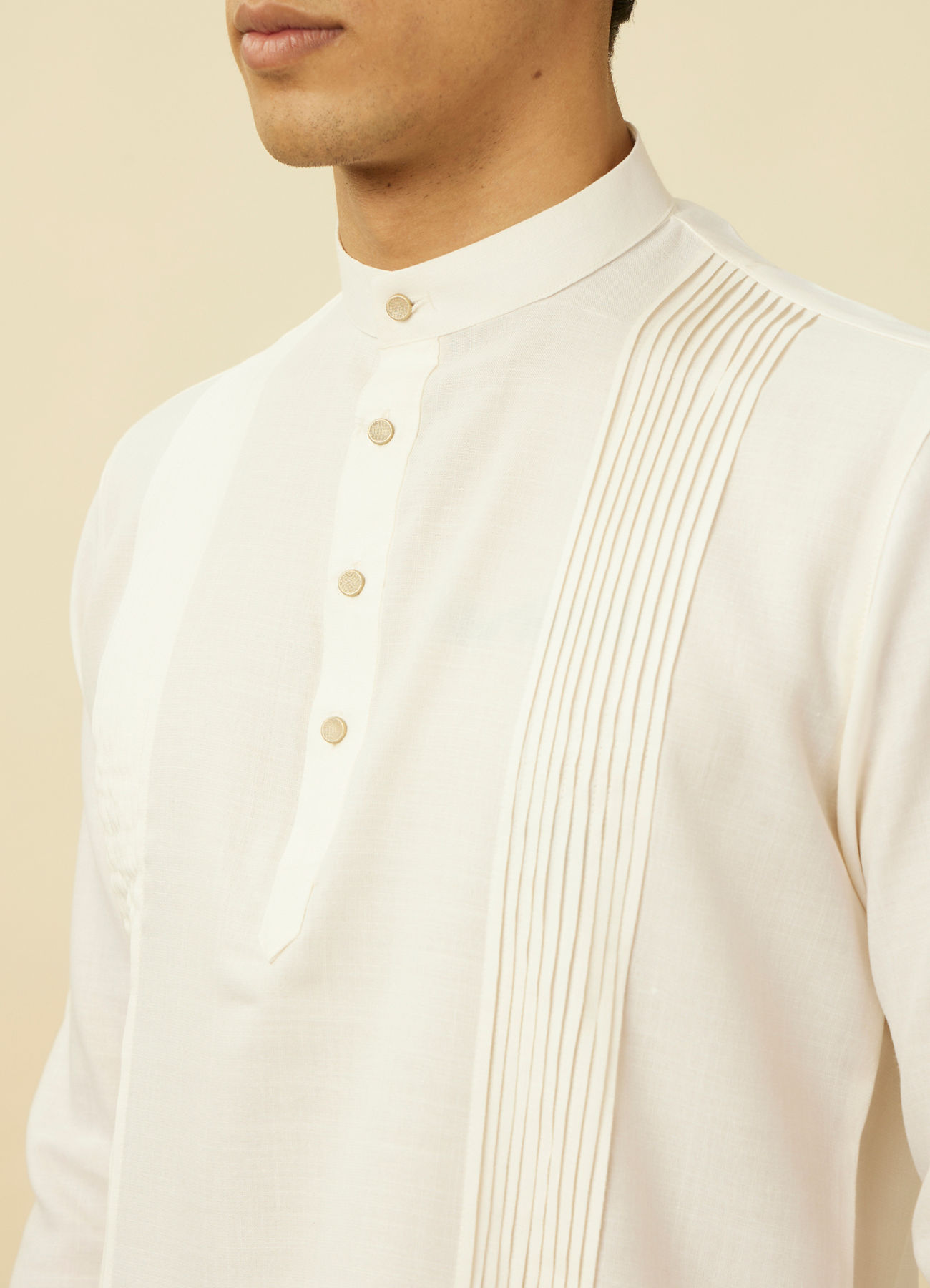 Manyavar Men Pearled Ivory Vertical Striped Short Kurta