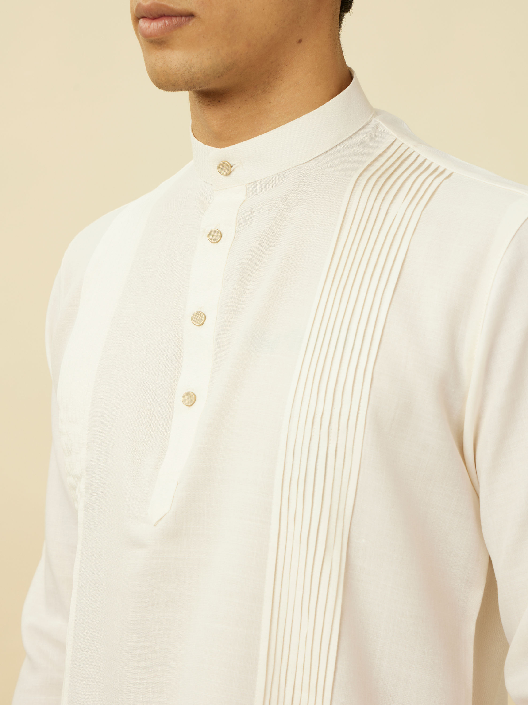 Manyavar Men Pearled Ivory Vertical Striped Short Kurta