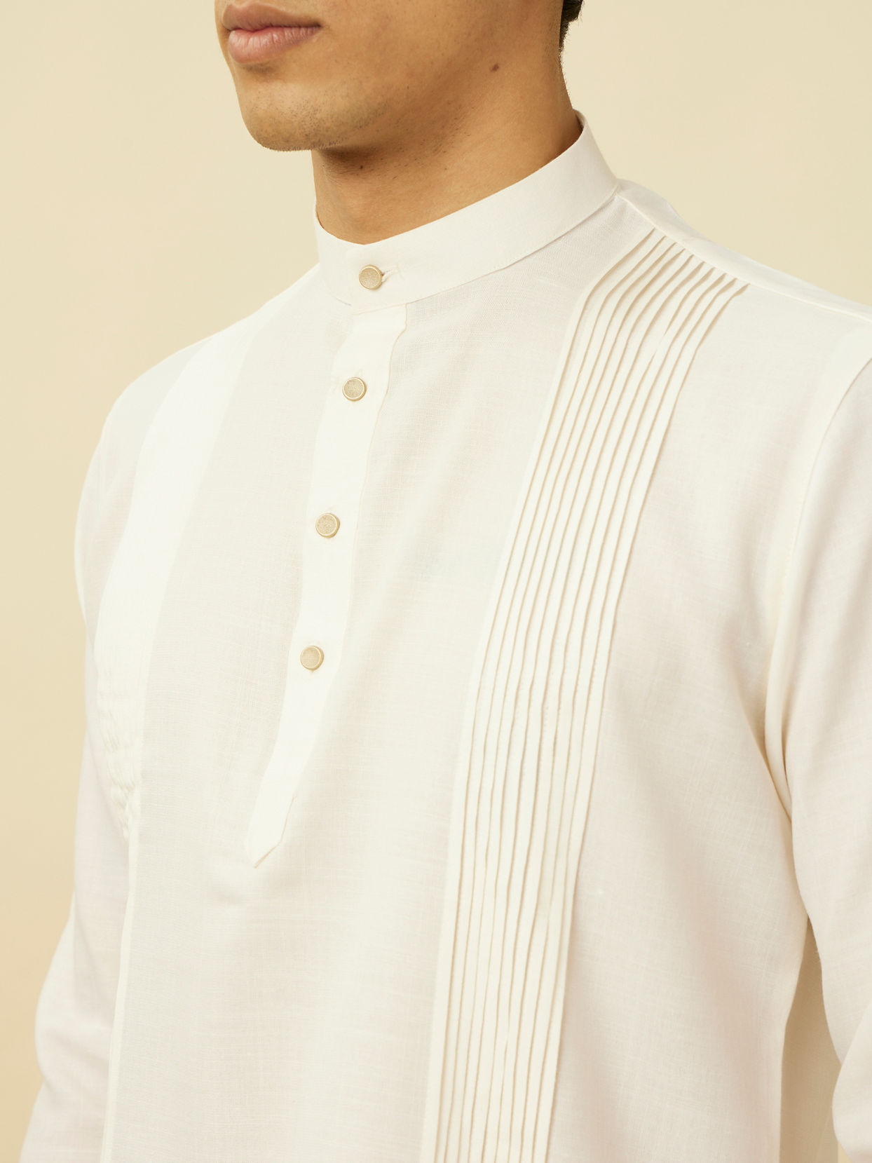 Manyavar Men Pearled Ivory Vertical Striped Short Kurta