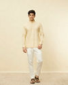 Manyavar Men Sand Beige Square Grid Patterned Short Kurta