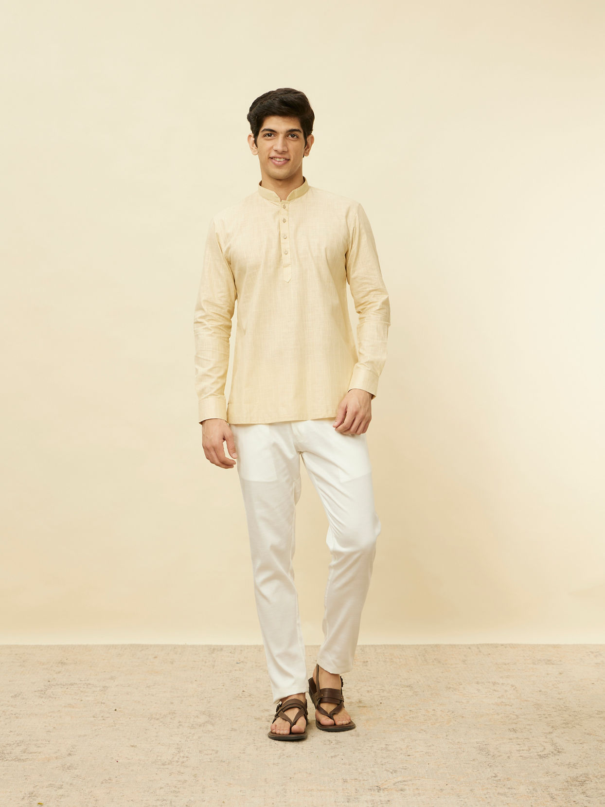 alt message - Manyavar Men Sand Beige Square Grid Patterned Short Kurta image number 2