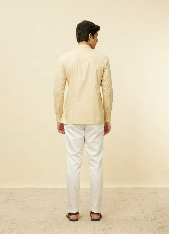 alt message - Manyavar Men Sand Beige Square Grid Patterned Short Kurta image number 3