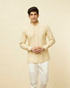 alt message - Manyavar Men Sand Beige Square Grid Patterned Short Kurta image number 0