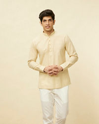 Manyavar Men Sand Beige Square Grid Patterned Short Kurta