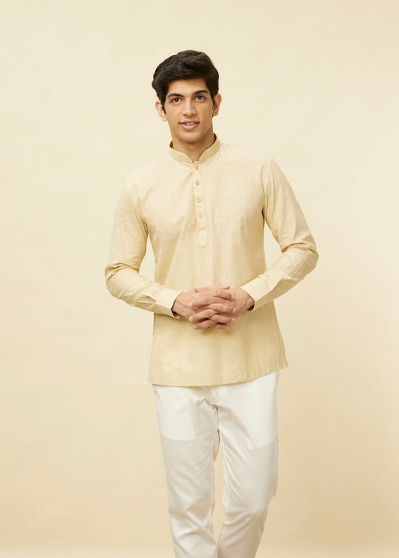 Manyavar Men Sand Beige Square Grid Patterned Short Kurta