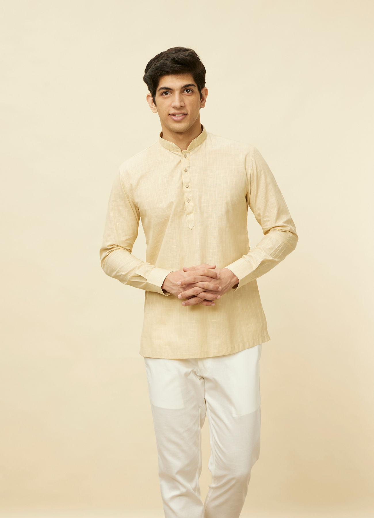 Manyavar Men Sand Beige Square Grid Patterned Short Kurta